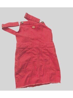 Dickies Red Denim Overall Dress With Raw Hemline Straps & Pockets - Womens Small